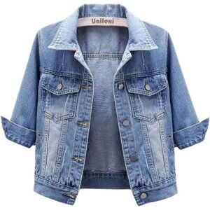 Women's 3/4 Sleeve Colored Cropped Denim Jacket Short Jean Jacket Trucker Blue